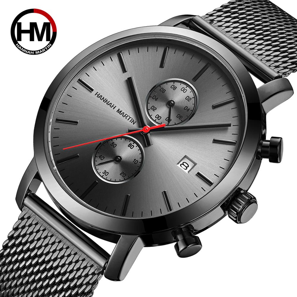 HANNAH MARTIN Top Brand Multifunction Business Black Quartz Watch Men Chronograph Steel Mesh Band Waterproof Business AAA Watch