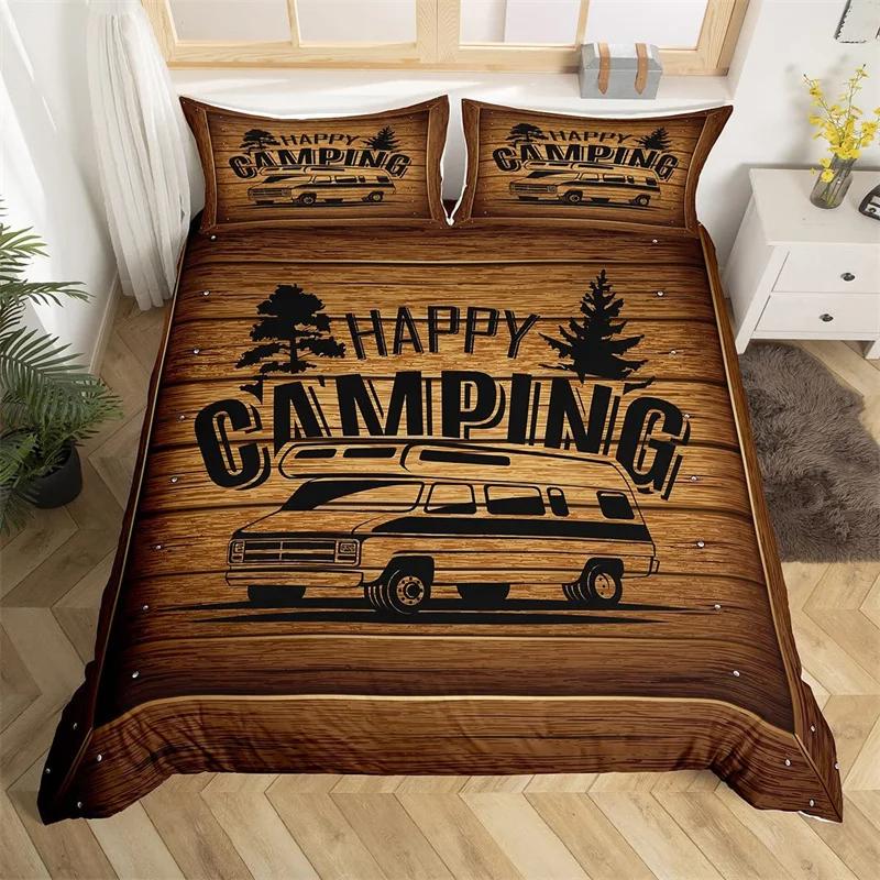 Comforter Happy Camping Queen Full Twin King Camper Theme Comforter With 2 Rustic Farmhouse Style Bedding Set