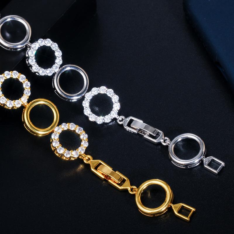 S0166 Браслет-кольцо с микроинкрустацией цирконами, Экологичная медь с гальваническим покрытием из настоящего белого золота, Ювелирное украшение для рук