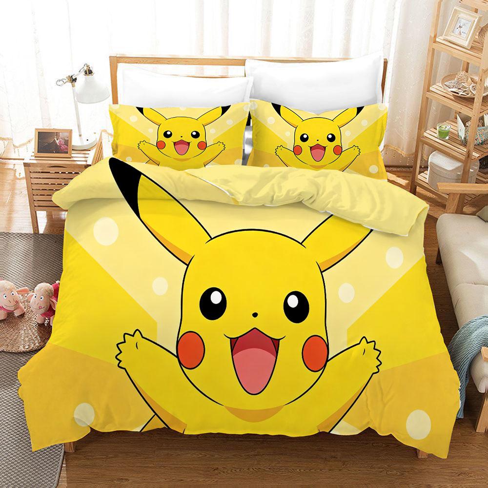 Pikachuzd Bedding Set Cartoon Anime Children Bedroom Quilt Cover Boy Girl Bedclothes Single Double King Pikachu Duvet Cover Gift