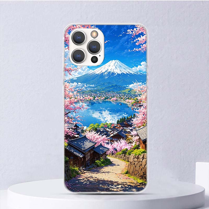 Японская вишня Гора Фудзи Мягкий чехол для iPhone 16 17 Air 16E 15 Plus 11 12 13 Mini 14 Pro Max Чехол для телефона Apple 7 8 SE Coque Fu