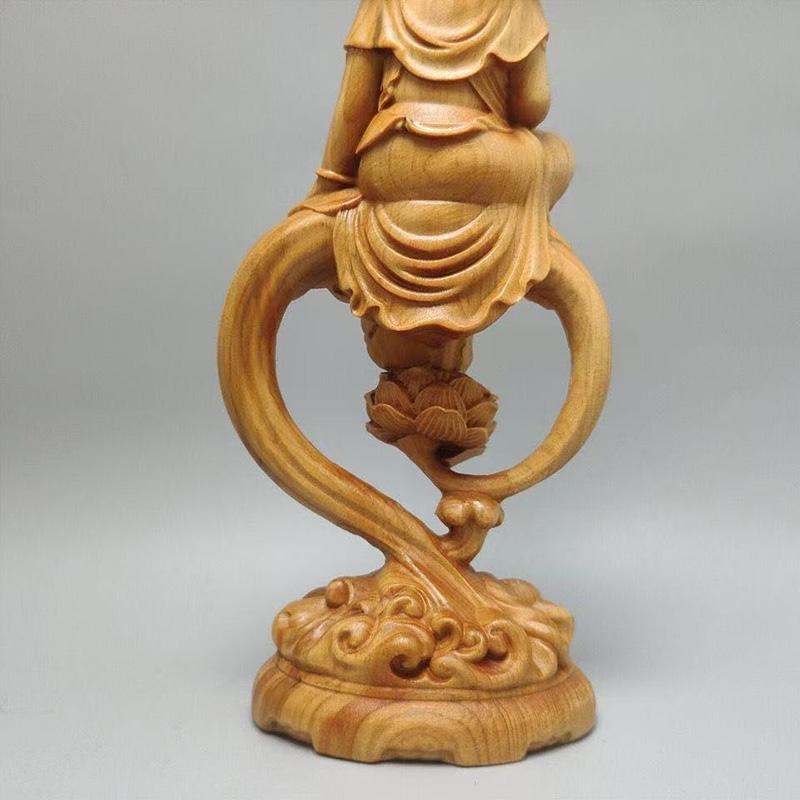 Wood Carving Guanyin Bodhisattva Sculptures and Figurines Home Room Office Wealth Luck Feng Shui Decor Buddha Wood
