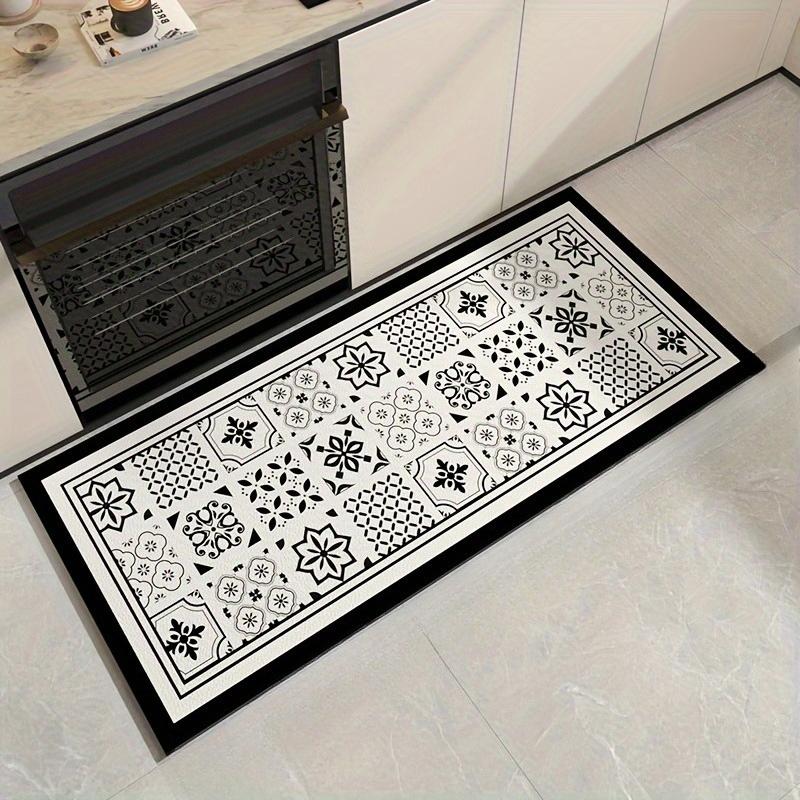 Black Tile Geometric Printed Kitchen Mat Living Room Entrance Non-slip Door Mat Bedroom Bedside Foot Mat Balcony Hallway Rugs