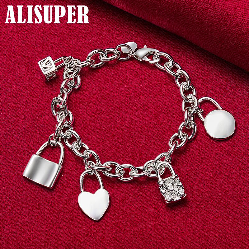 925 Sterling Silver Bracelet Heart / Circle / Square Lock Bracelets Jewelry