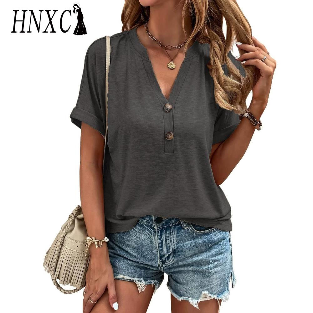 HNXC Women's Fashion Casual Solid Color Print Short Sleeve V Neck Blouses & Shirts