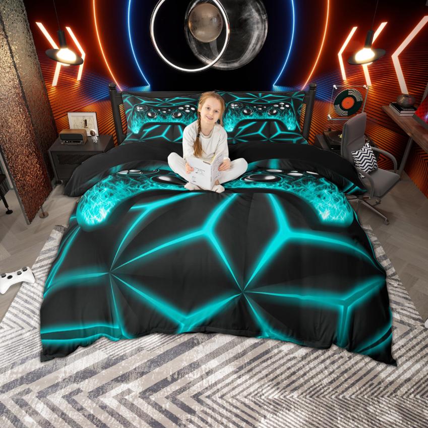 Homewish Игровой геймпад с принтом пламени Комплект пододеяльника для подростков Мальчиков Тема видеоигр Комплект постельного белья Геометрический Неоновый свет Чехол на одеяло