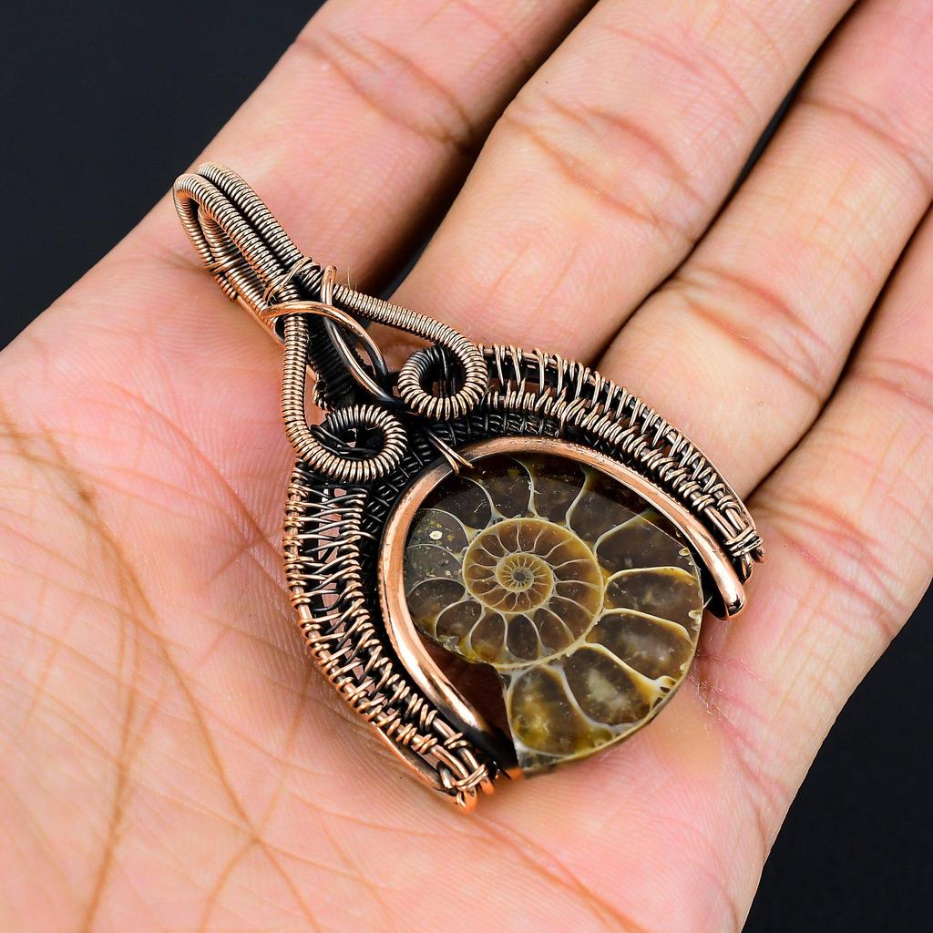 Amazing Ammonite Fossil Gemstone Handmade Pure Copper Wire Wrapped Pendant Jewelry