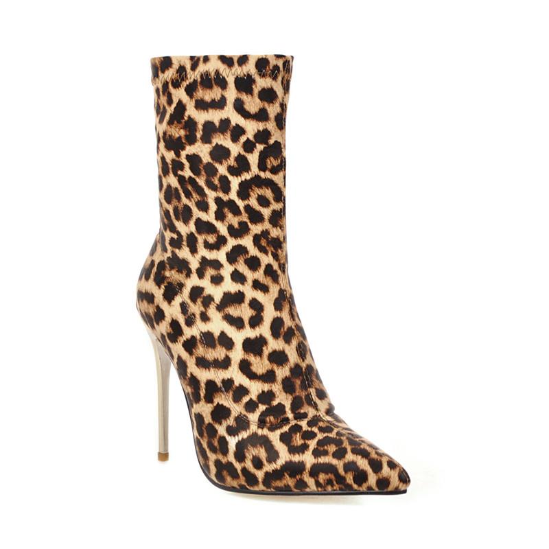 Сексуальные ботильоны-носки женские эластичные облегающие ботильоны для женщин на высоком каблуке модные леопардовые серебристые туфли для вечеринки весна осень большой размер 48