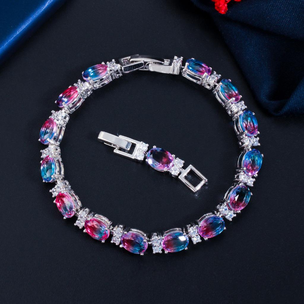 Popular Zircon Jewelry Copper Rhodium Plated Watermelon Synthetic Tourmaline Gradual Change Color Crystal Glass Bracelet