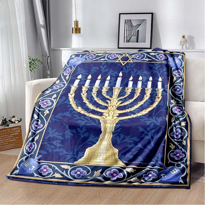 Jewish Hanukkah Golden Menorah Dove Star Of David Vintage Blue Red Border Print Soft Flannel Throw Blanket Warm Sofa Bed Decor Cover For Holiday Fans