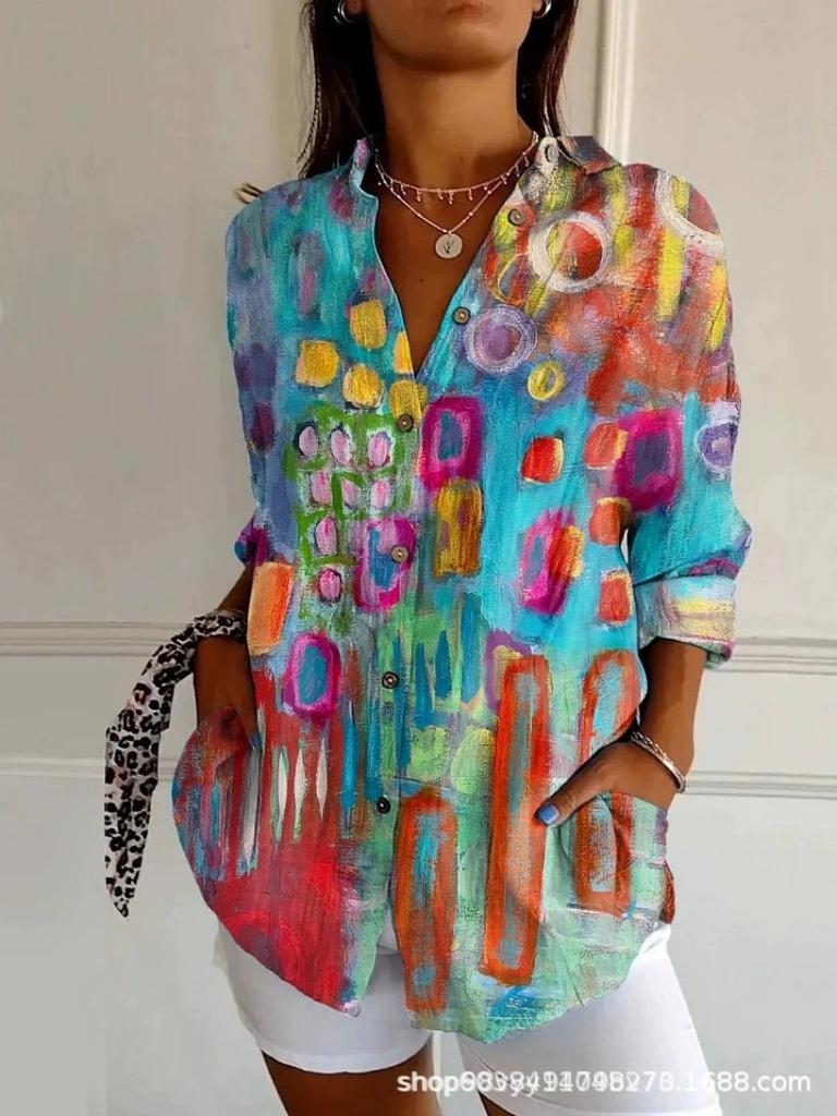 Color Print Shirts Women Fashion Trendy Color Spelling Hot Style Long Sleeve Single-breasted Lady Shirt Tops Commuting Clothing