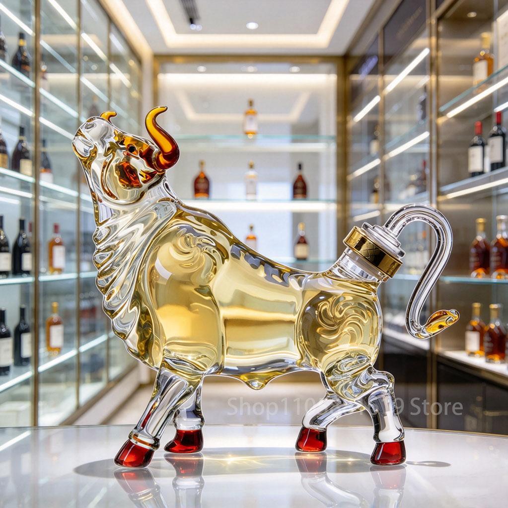 Bull Shaped Glass Decanter, Lead-Free Hand-Blown Whiskey Liquor Bottle, Bull Market Fortune Wine Decanter, Unique Home Bar Decor