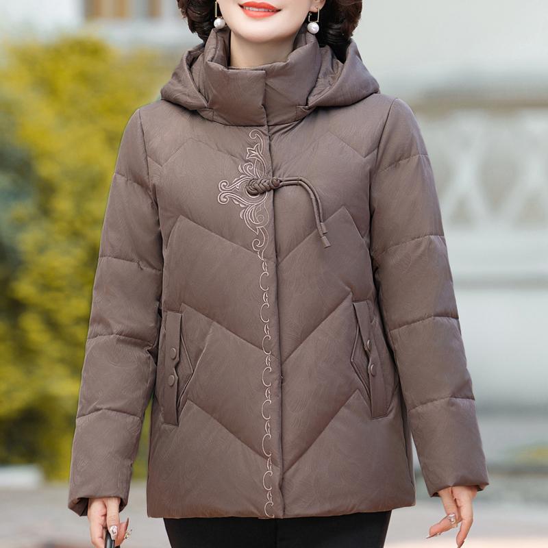 Зимнее короткое пуховое пальто для женщин, винтажная верхняя одежда больших размеров с капюшоном, элегантная, толстая, теплая, с вышивкой, пуховик, женские парки
