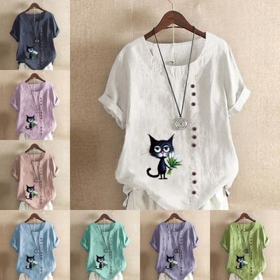 Женская модная футболка с коротким рукавом и принтом в виде цветка и черного кота, свободная хлопковая рубашка, повседневная свободная летняя блузка, топы больших размеров