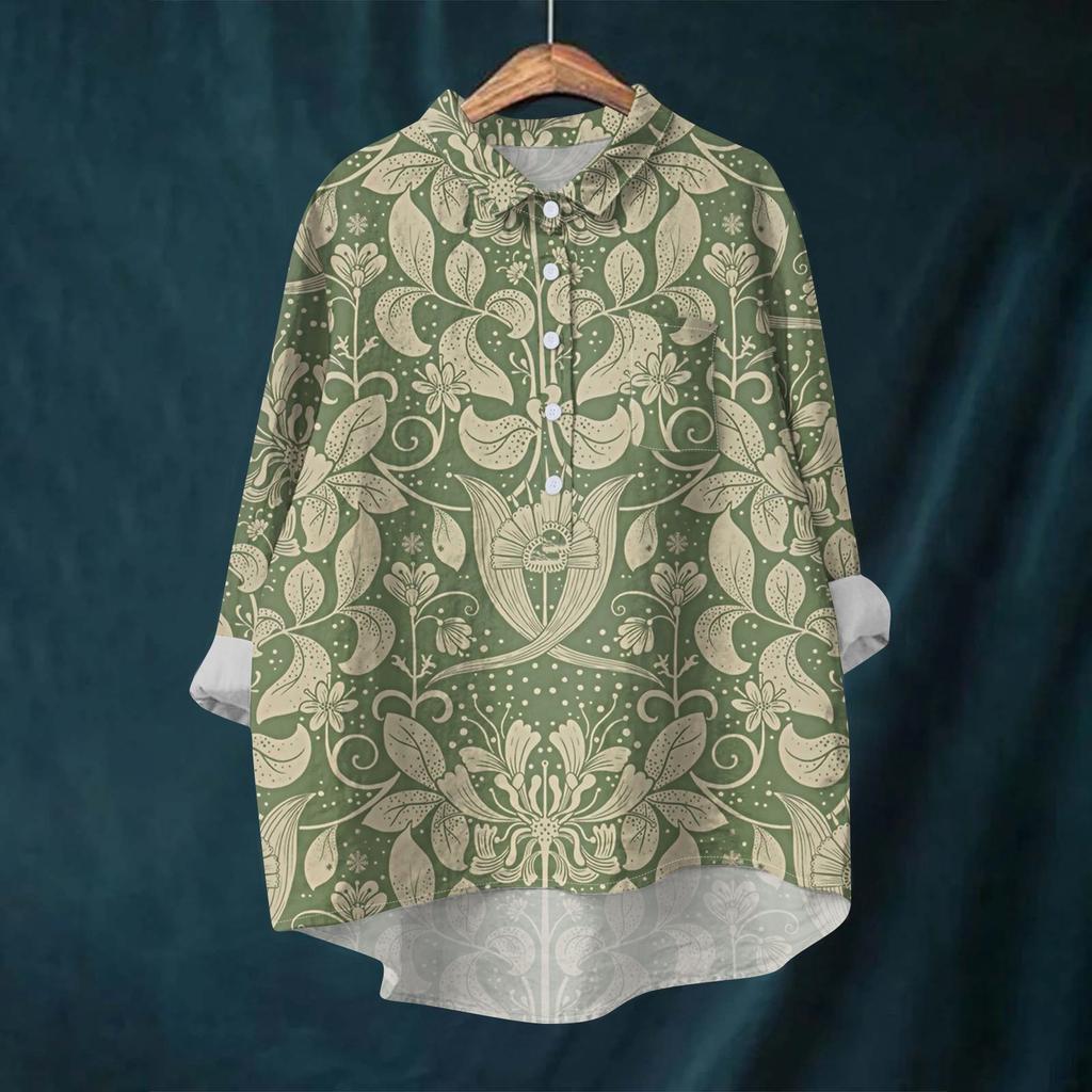 Women's Shirt Blouse Long-sleeved With Buttons Print Casual Hem Irregular Shirt Collar Top