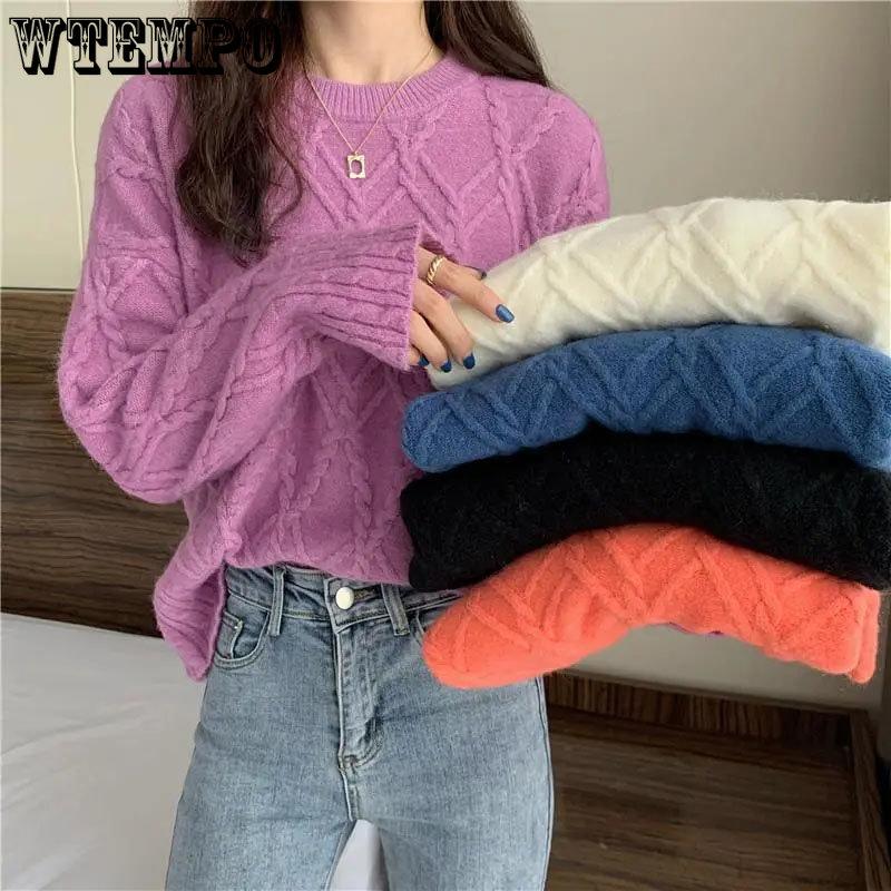 White Knitted Fried Dough Twist Women Sweater Loose Knit Pullover Simple Casual Commute Sweet Long Sleeve Top Bottoming Shirt