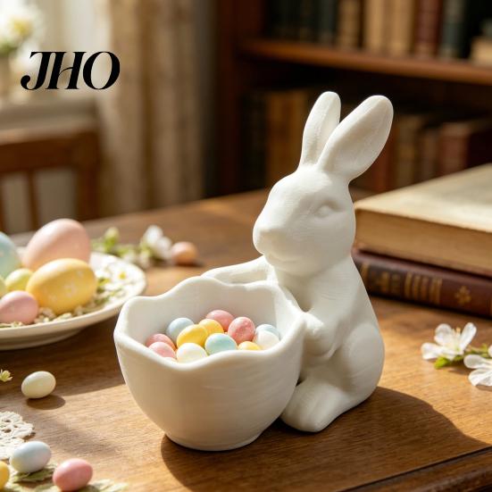 Rabbit Shaped Candy Holder 3D Printed Easter Bunny Bowl, Cute Holding Bowl Figurine, DIY Paintable White Desk Animal Dish Decor for Living Room