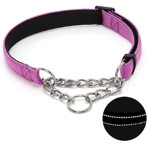 Martingale Dog Collar with Stainless Steel Chain, Adjustable Soft Padded Nylon Reflective Collar, No Pull Heavy Duty Chain Walking Training Colllars