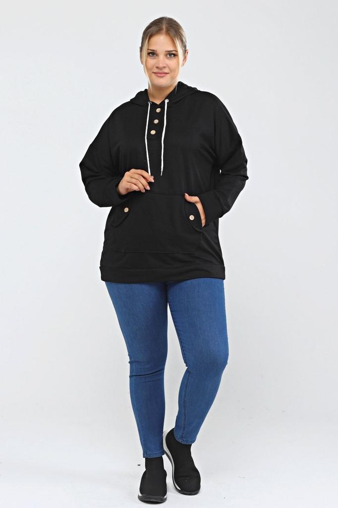 Women's Style Big Size Sweatshirt Large Size Hooded Kangaroo Pocket Lycra Button Detailed Long Hoodie Sweatshirt Green