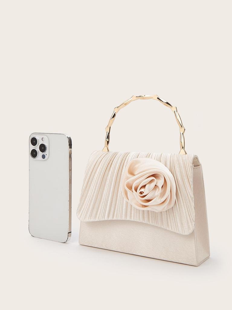 Gold-Bamboo Handle Pleated Satin Evening Bag with Floral Design