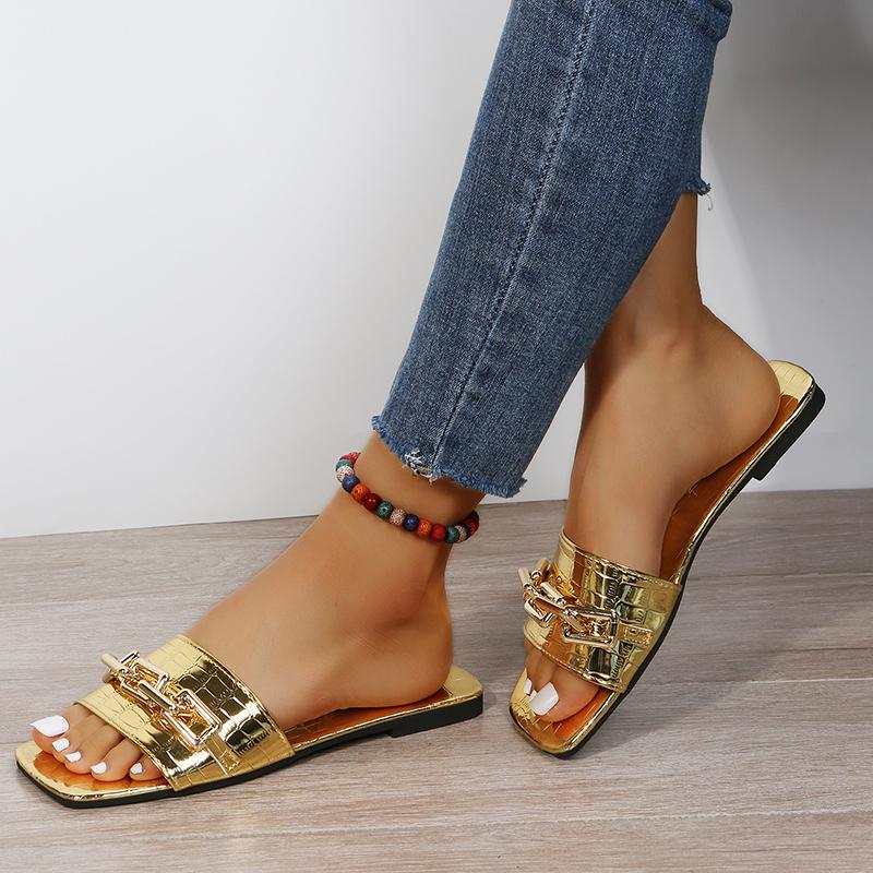 Мода 2024 Лето Плоская подошва Женские тапочки Тренд Мода Открытый Пляж Золотая Цепочка Дизайн Шлепанцы Квадратный Носок Тапочки с Открытым Носком