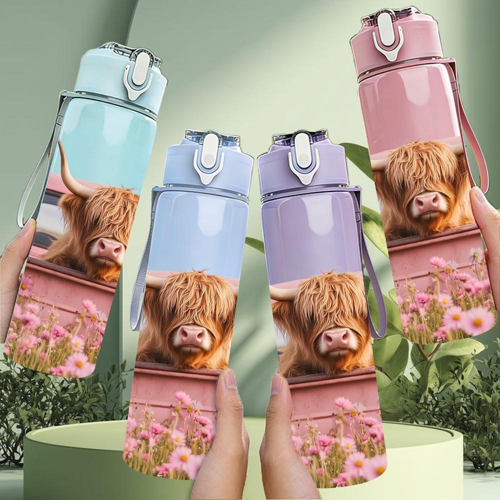 1PC Highland Cow Pink Retro Pickup Truck Art 750ml Color Plastic Sports Water Bottle Leakproof Flip Straw Lid Suitable for Sports Office Home Use