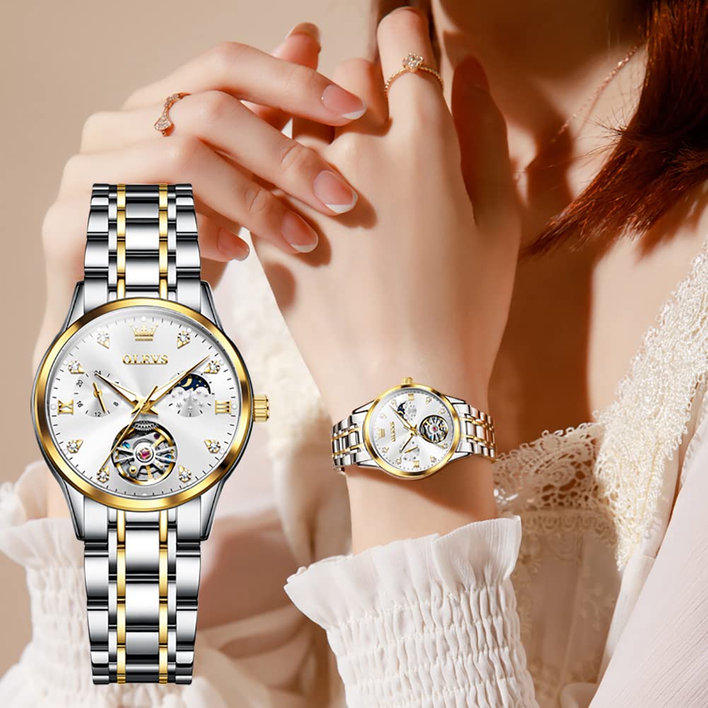 OLEVS Ladies Watch Mechanical Automatic Cute Arm Watch Ladies Watch Waterproof Luminous Diamond Sparkling Ladies Watch Date Ladies Watch White