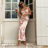 Women Sexy Sling Dress Suspender Style Sleeveless Long Dress Flower Print Backless Hip Wrapped Party Dress