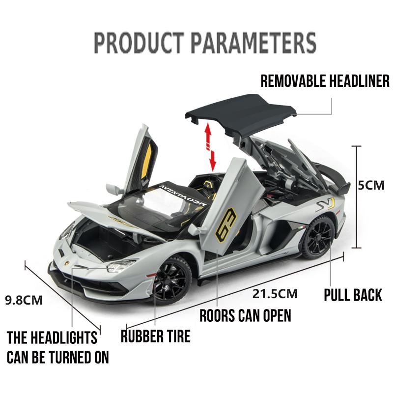 1/24 Scale Lambo Aventador SVJ63 Diecast Car Model Toy, Pull Back Toy Vehicle with Sound and Light for Kids Toddler Boys Girls Gift Collection