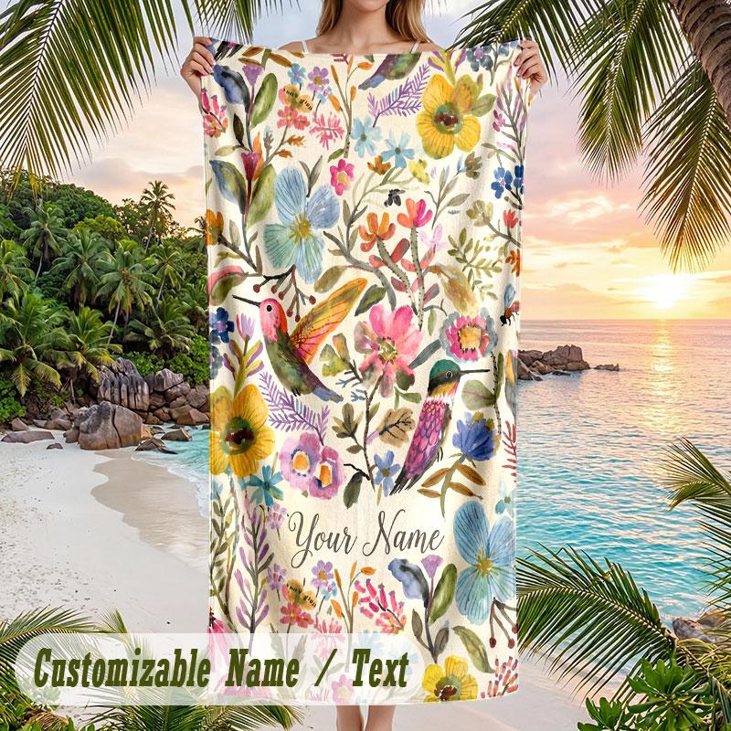 Floral Horse Artwork Theme Quick Dry Beach Towel Custom Name Text Print Large Sand Resistant Towel Beach Vacation