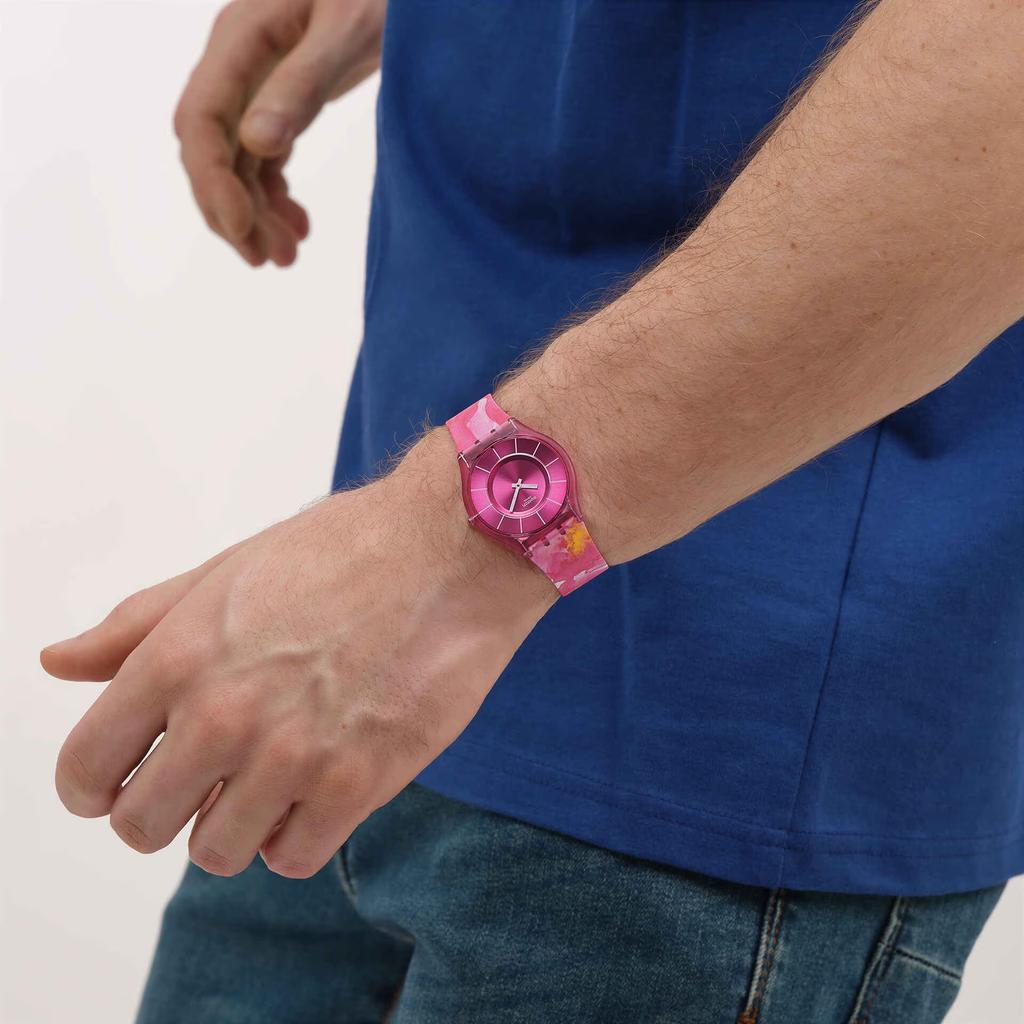 Swatch Серия PAINTED PARADISE кварцевый механизм 30 метров водонепроницаемые унисекс швейцарские часы 34 мм розовый циферблат корпус из биоисточника силиконовый ремешок SS08P113