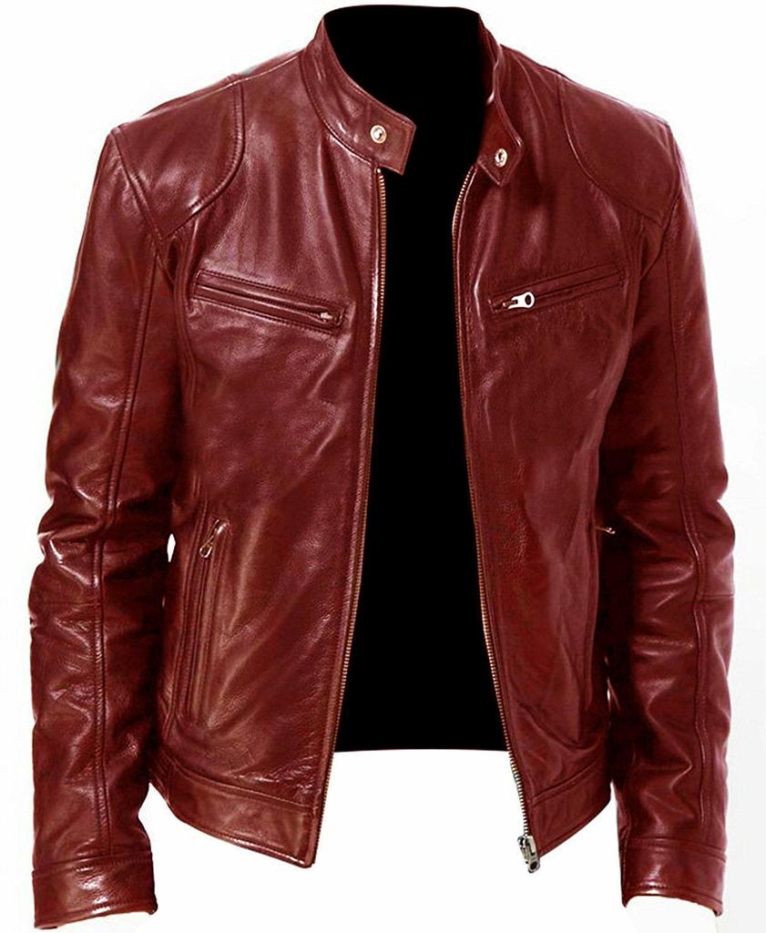 Winter Business Gentleman Warm Zip Cardigan Pocket Decorative PU Leather Jacket Stand Neck Slim Zip Leather Jacket