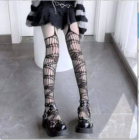 Чулки Mu Ruan Skull Mesh: Темные, сексуальные, универсальные черные шелковые полые колготки для диско или студенческого стиля