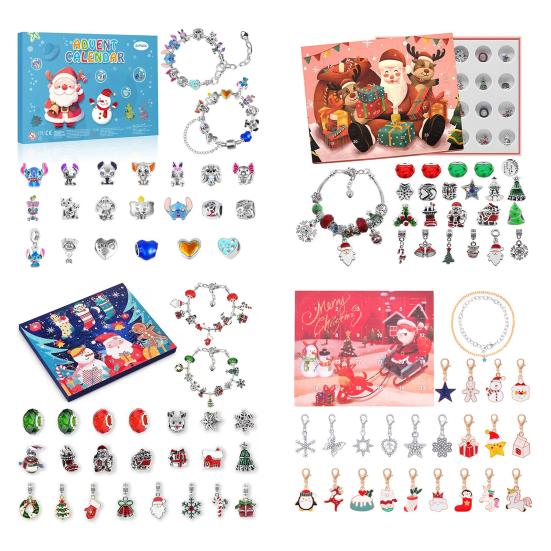 Набор браслетов-адвент-календаря на Рождество 2025, 24-дневный обратный отсчет, шкатулка для украшений с шармами в виде Санты, оленя и елки, сюрпризный рождественский подарок