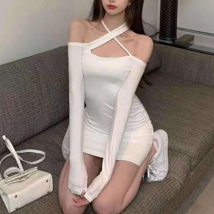 Plain Color Off Shoulder Long Sleeve Dress With High Waist For Office And Casual Wear