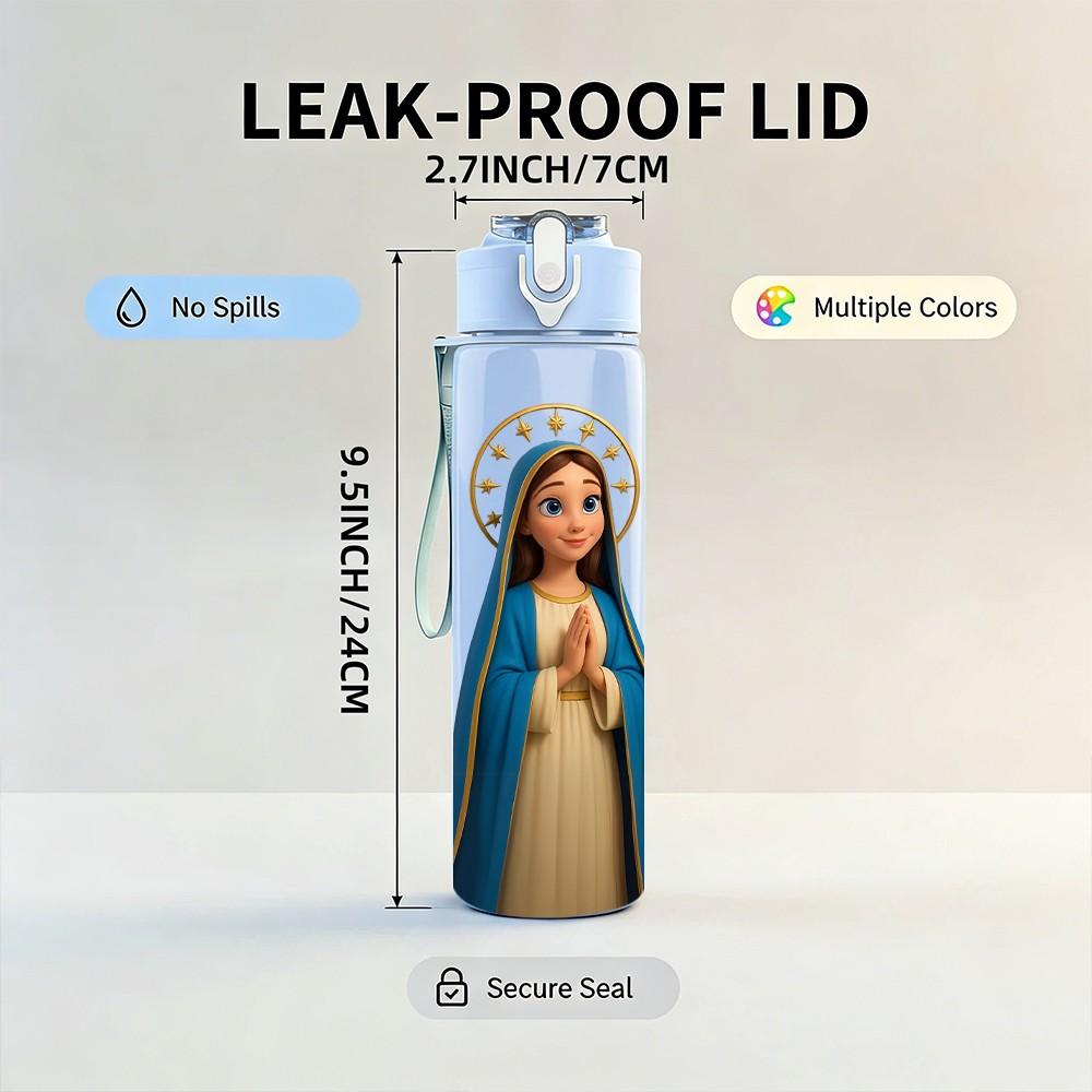 1PC Blue Robe Virgin Mary Religious Print 750ml Color Plastic Sports Water Bottle Leakproof Flip Straw Lid Suitable for Sports Office Home Use