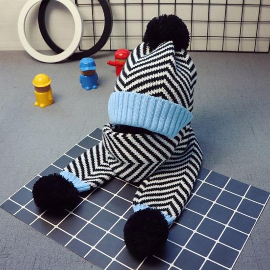 2 шт./компл. Детская осенне-зимняя шапка и шарф, плюшевый помпон, полосатый принт, шапка без полей, вязаный шарф