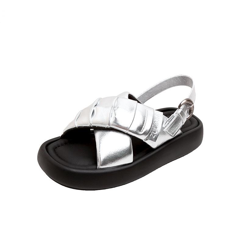 Платформенные серебристые сандалии женские летние новая мода универсальные повседневные крест-накрест с пляжными сандалиями
