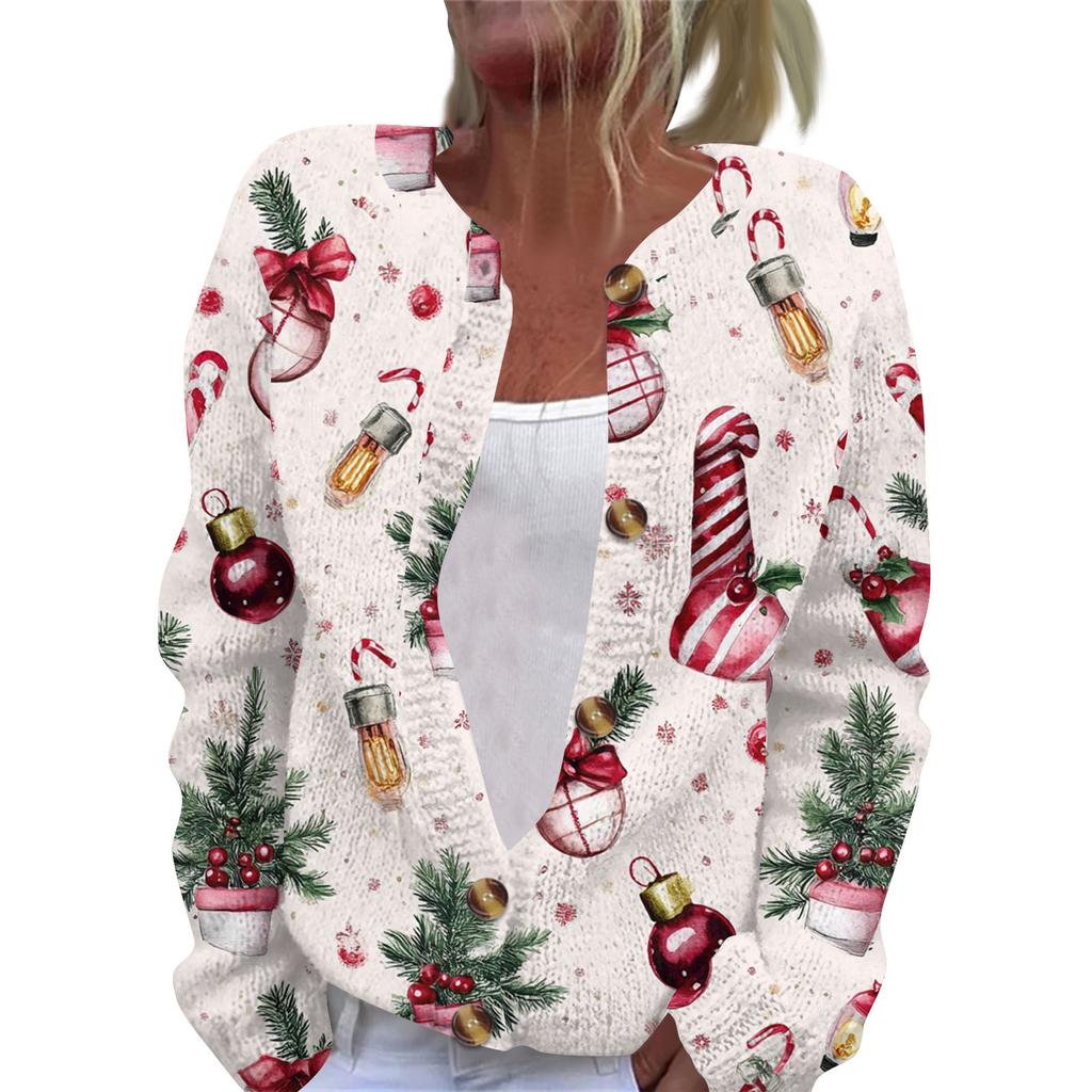 Women's Fashion Christmas Printed Long Sleeve Knitted Cardigan Button Down Jacket