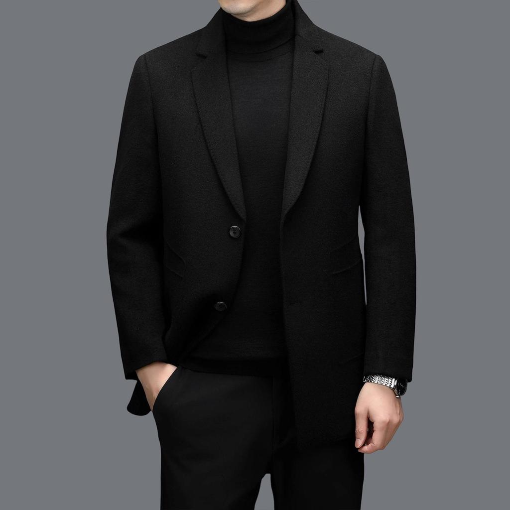 Мужское пальто средней длины премиум-класса из кашемира со съемной пуховой подкладкой и воротником-стойкой для осени/зимы.