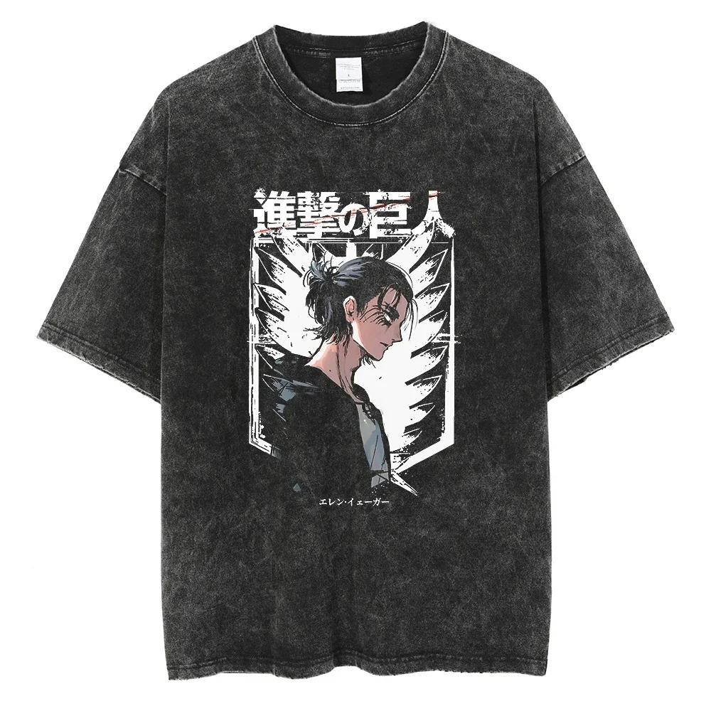 Washed Attack On Titan Cotton Mens Vintage Japan Anime Oversize Shirts Streetwear Short Sleeve TShirt Loose Cotton Tops