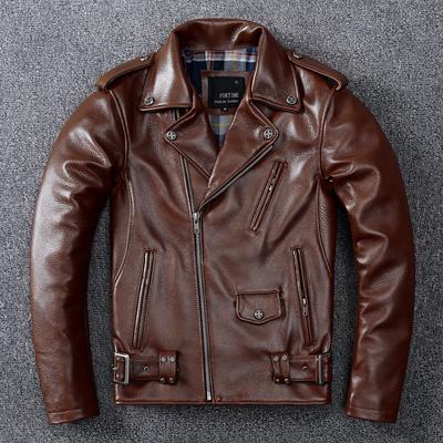 Harley Tough Man Heavy Мотоциклетная куртка Верхний слой Толстая кожаная куртка из воловьей кожи Мужская короткая облегающая кожаная куртка с лацканами
