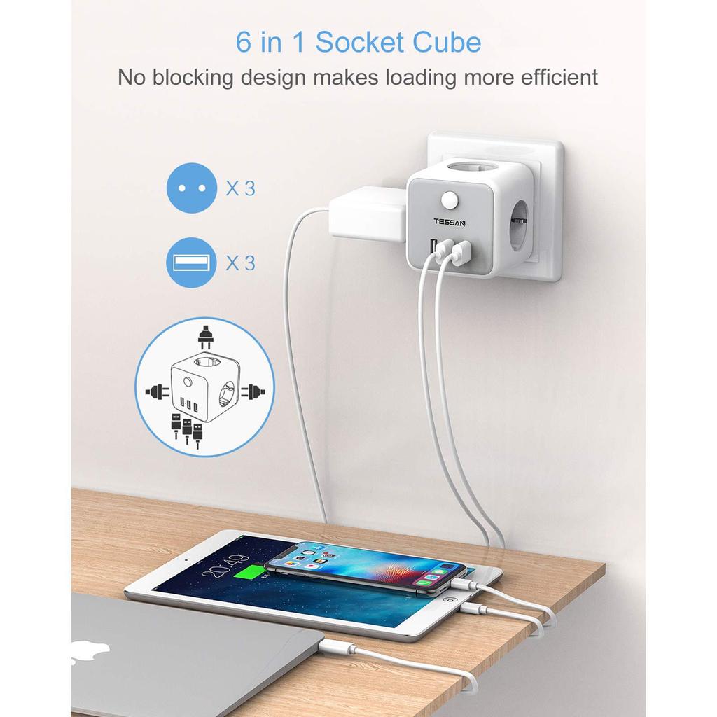 Tessan Черный/серый адаптер-удлинитель настенной розетки в форме куба с 3 розетками, 3 USB-портами, несколькими европейскими вилками, удлинителем, защитой от перегрузки