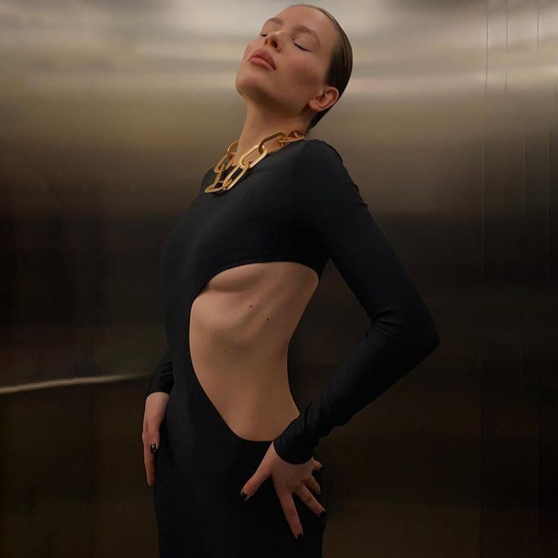 Elegant Sexy Party Hollow Out High Waist Black Dress Women Long Sleeve Slim Fit Casual Long Dress for Women Fashion Street Y2K Evening Dress 26182