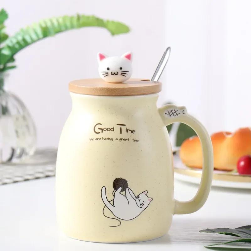 Cute Cartoon Ceramic Cup Japanese Coffee Mug with Wooden Lid and Spoon Iced Yogurt Smoothie Juice Cup Heat-resistant Water Mug