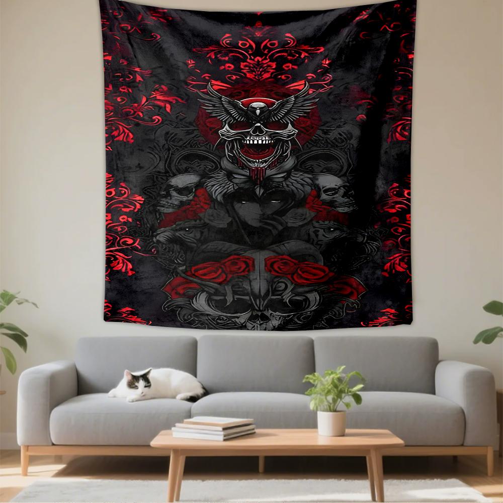 Fabric Wall Tapestry Gothic Dark Skull Red Rose Damask Pattern Goth Wall Decor