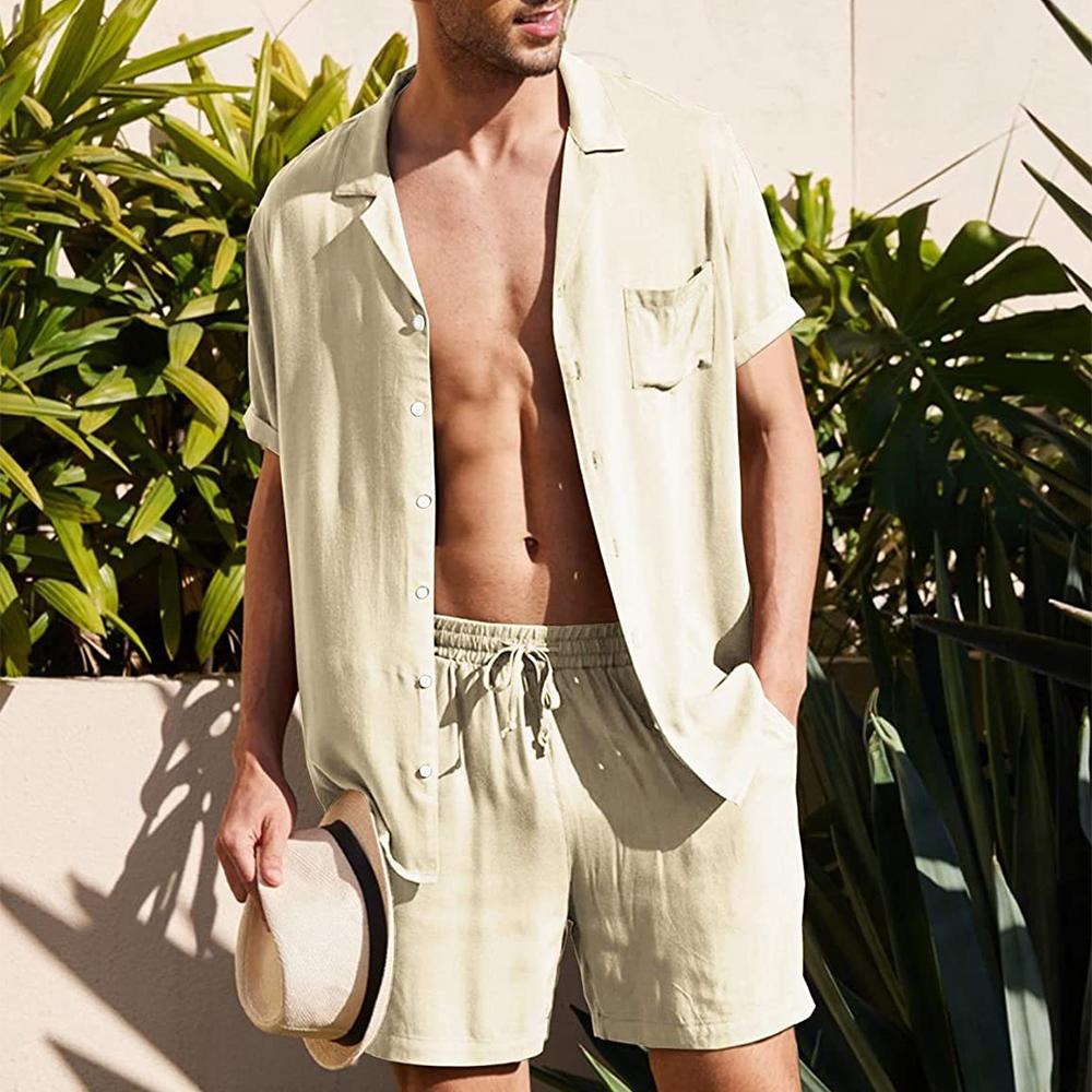 Мужской льняной комплект из 2 предметов с коротким рукавом, отложным воротником, рубашками с карманами и шортами, летние пляжные брюки, мужские костюмы Slim Fit