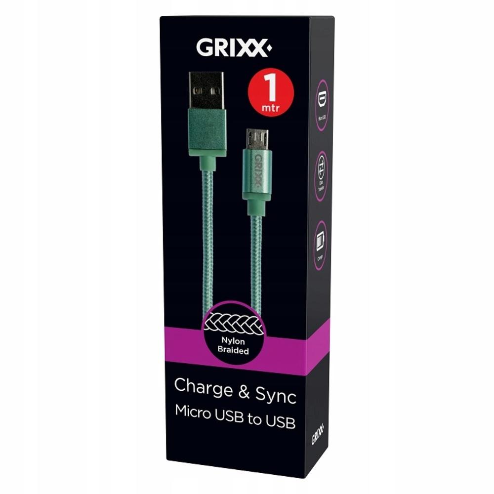 Grixx Data Cable - Micro USB to USB, Braided, Length 1m - Green