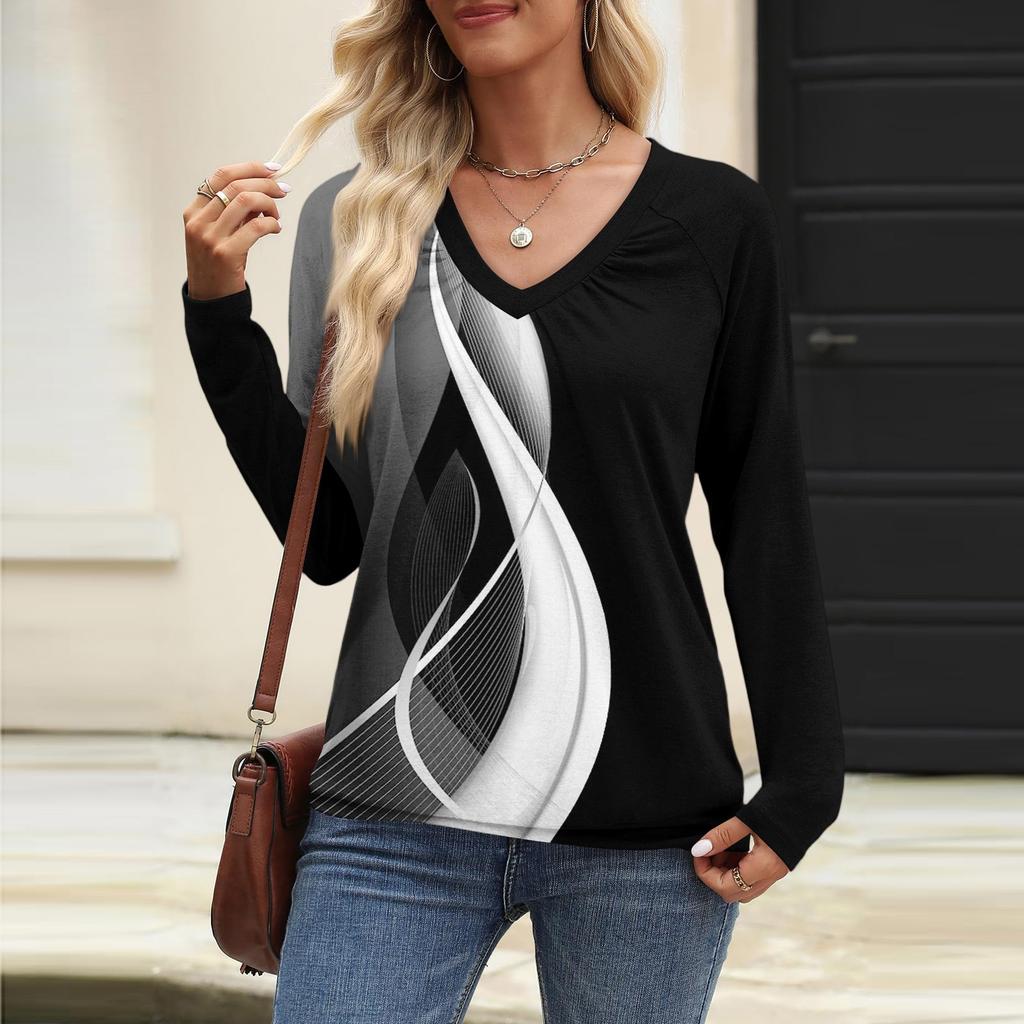 Женский повседневный модный топ с V-образным вырезом, рукавами реглан, плиссировкой и цветочным принтом, с длинным рукавом