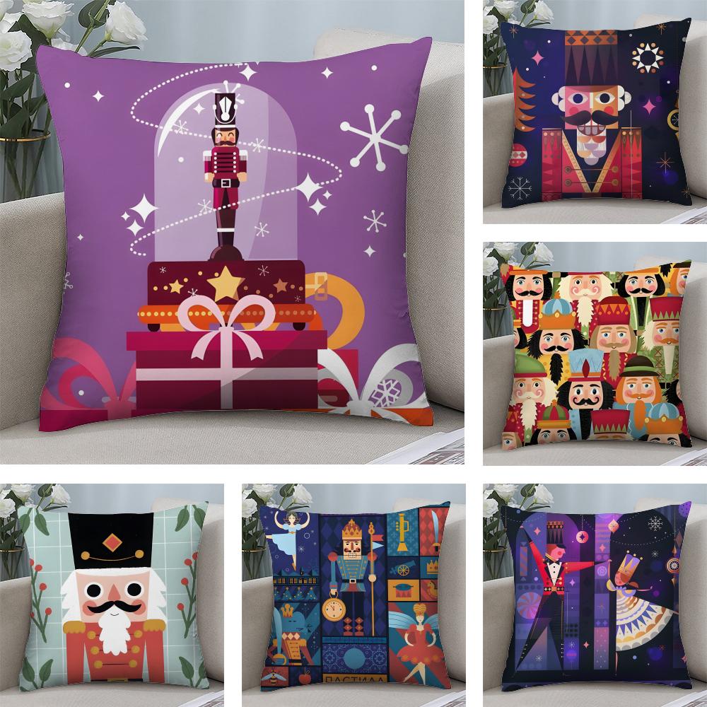 Nutcracker Soldier Cushion Cover Soft Plush Fabric Double-Sided Printed Sofa Cushion Cover for All Seasons Home Decor Gift